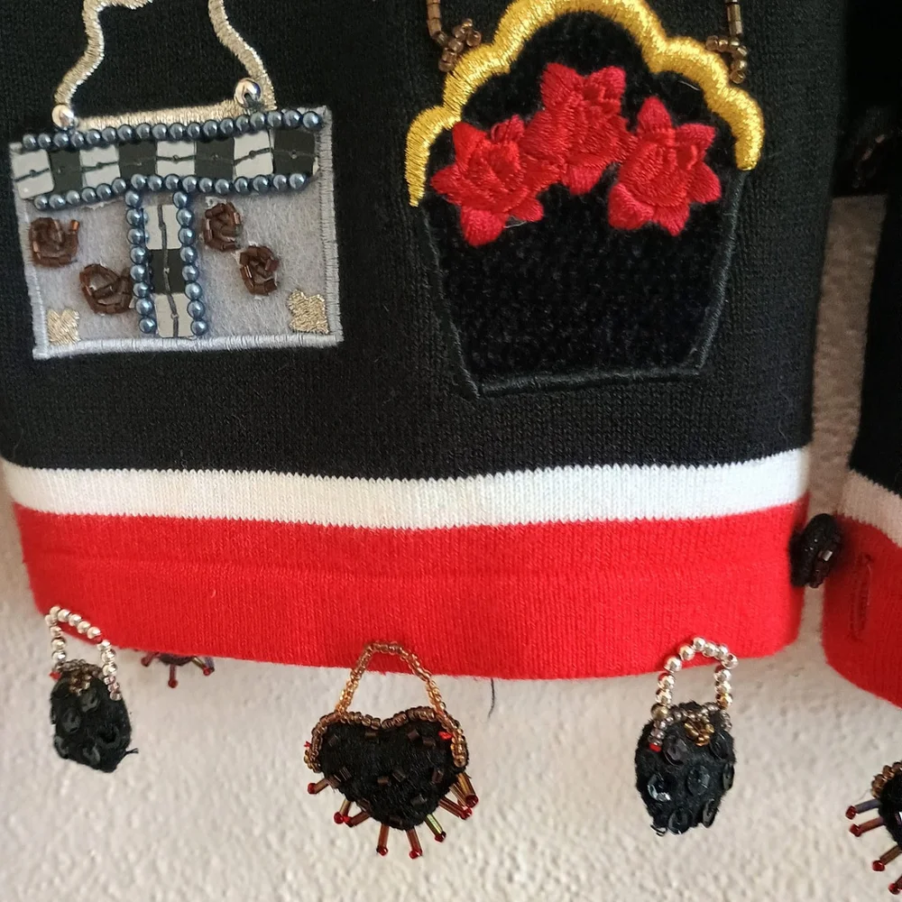 Just B Sequin Beaded Red Black Cardigan Applique Purses Hanging Embellished Sz M